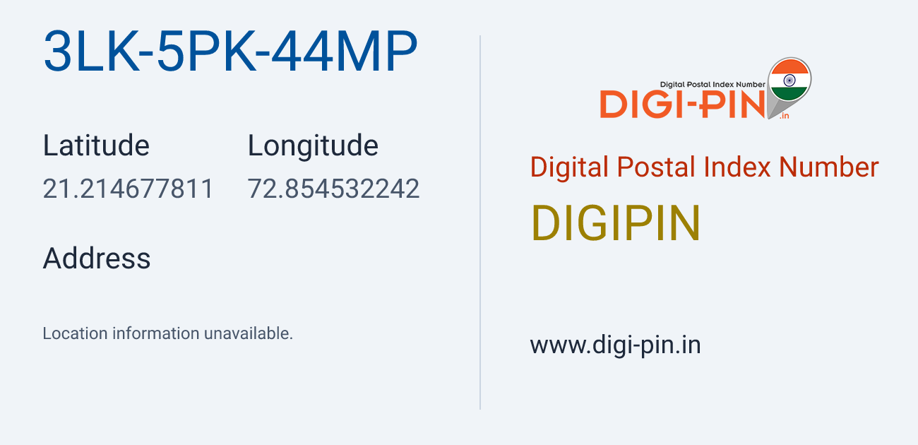 DigiPin 3LK-5PK-44MP location map showing coordinates 21.214678, 72.854532
