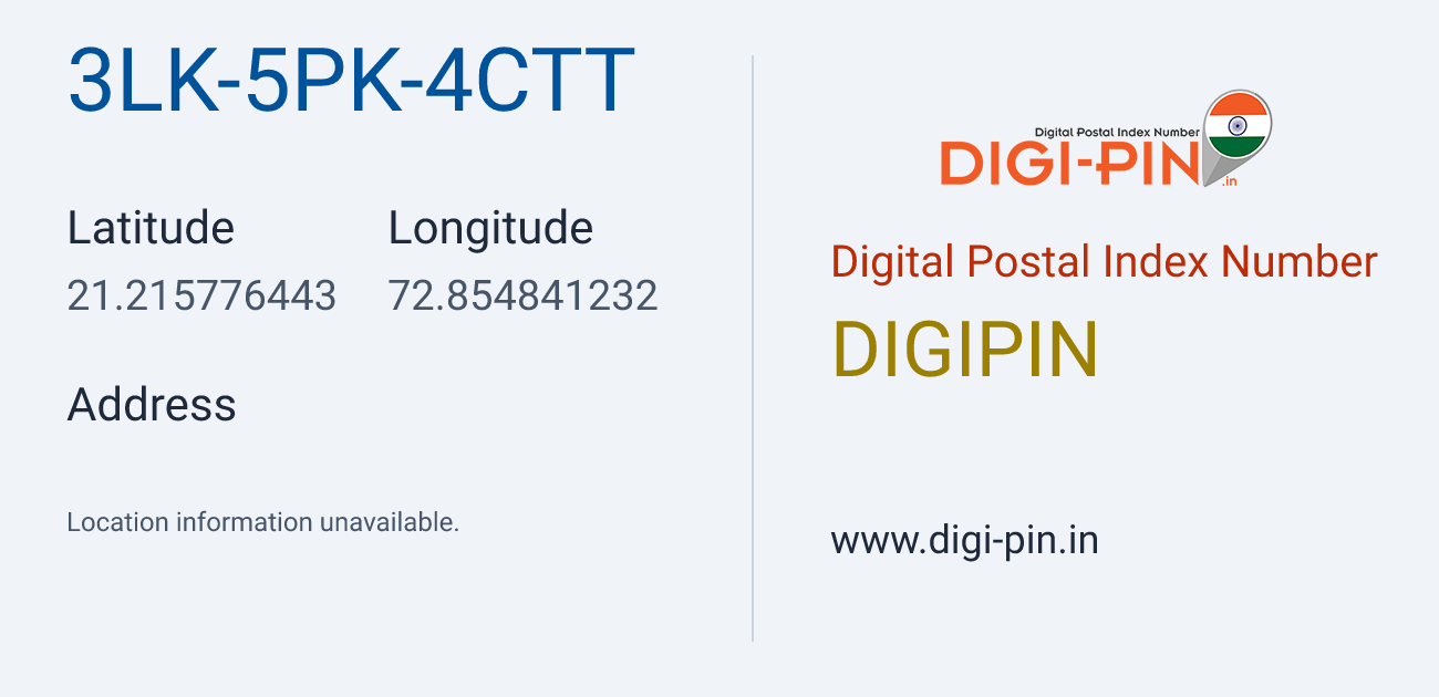 DigiPin 3LK-5PK-4CTT location map showing coordinates 21.215776, 72.854841