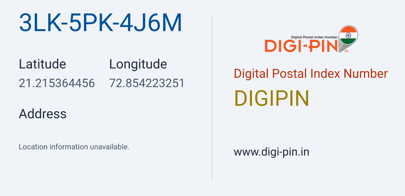DigiPin 3LK-5PK-4J6M location map showing coordinates 21.215364, 72.854223