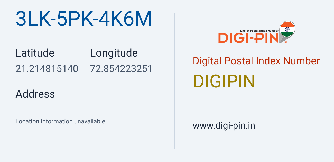 DigiPin 3LK-5PK-4K6M location map showing coordinates 21.214815, 72.854223