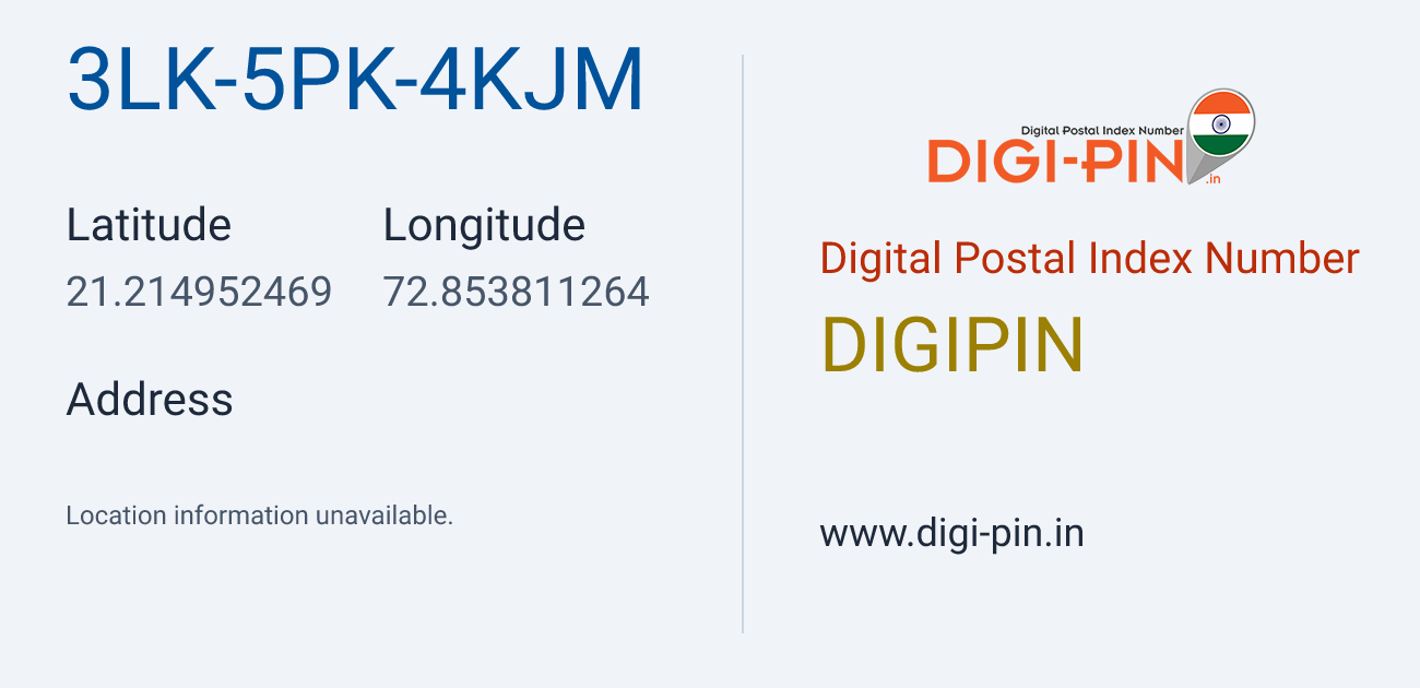 DigiPin 3LK-5PK-4KJM location map showing coordinates 21.214952, 72.853811