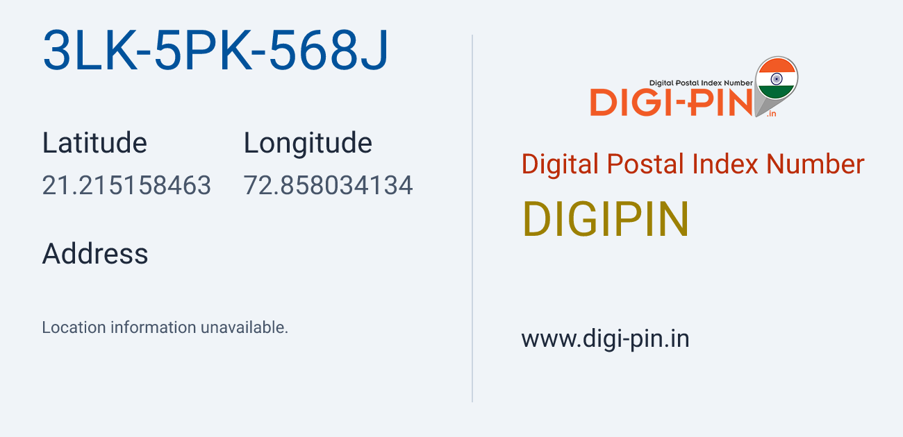 DigiPin 3LK-5PK-568J location map showing coordinates 21.215158, 72.858034
