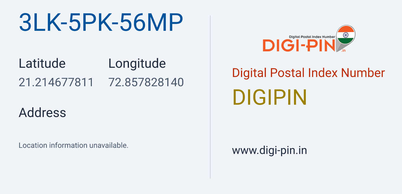 DigiPin 3LK-5PK-56MP location map showing coordinates 21.214678, 72.857828