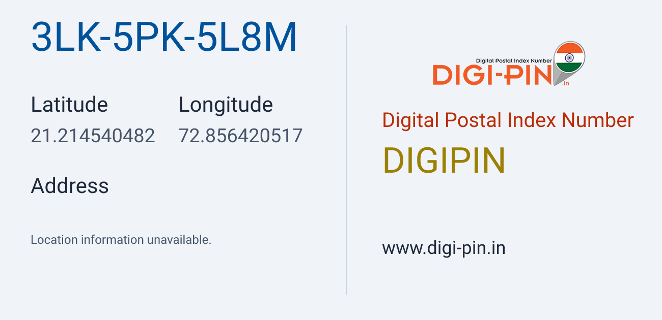 DigiPin 3LK-5PK-5L8M location map showing coordinates 21.214540, 72.856421