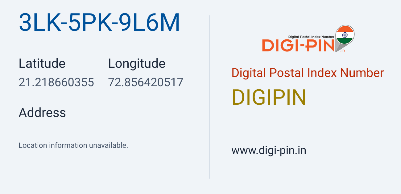 DigiPin 3LK-5PK-9L6M location map showing coordinates 21.218660, 72.856421