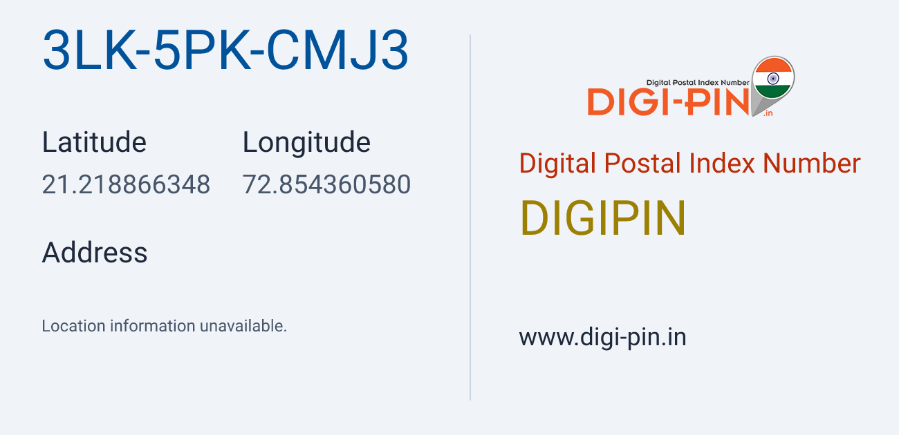 DigiPin 3LK-5PK-CMJ3 location map showing coordinates 21.218866, 72.854361