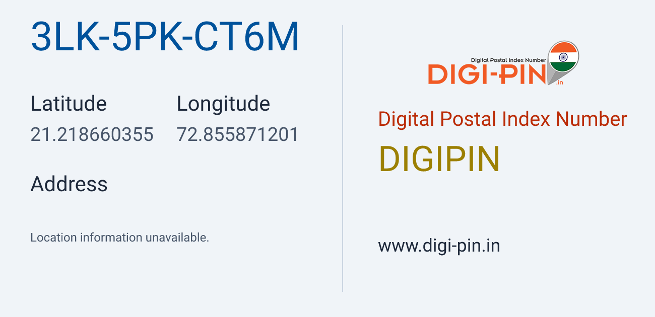 DigiPin 3LK-5PK-CT6M location map showing coordinates 21.218660, 72.855871