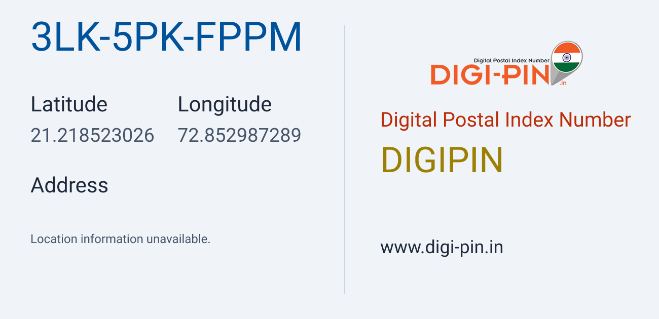 DigiPin 3LK-5PK-FPPM location map showing coordinates 21.218523, 72.852987