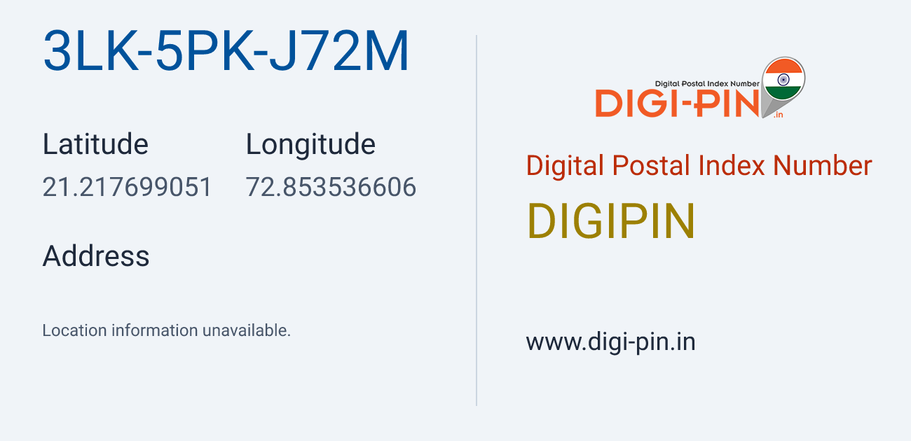 DigiPin 3LK-5PK-J72M location map showing coordinates 21.217699, 72.853537