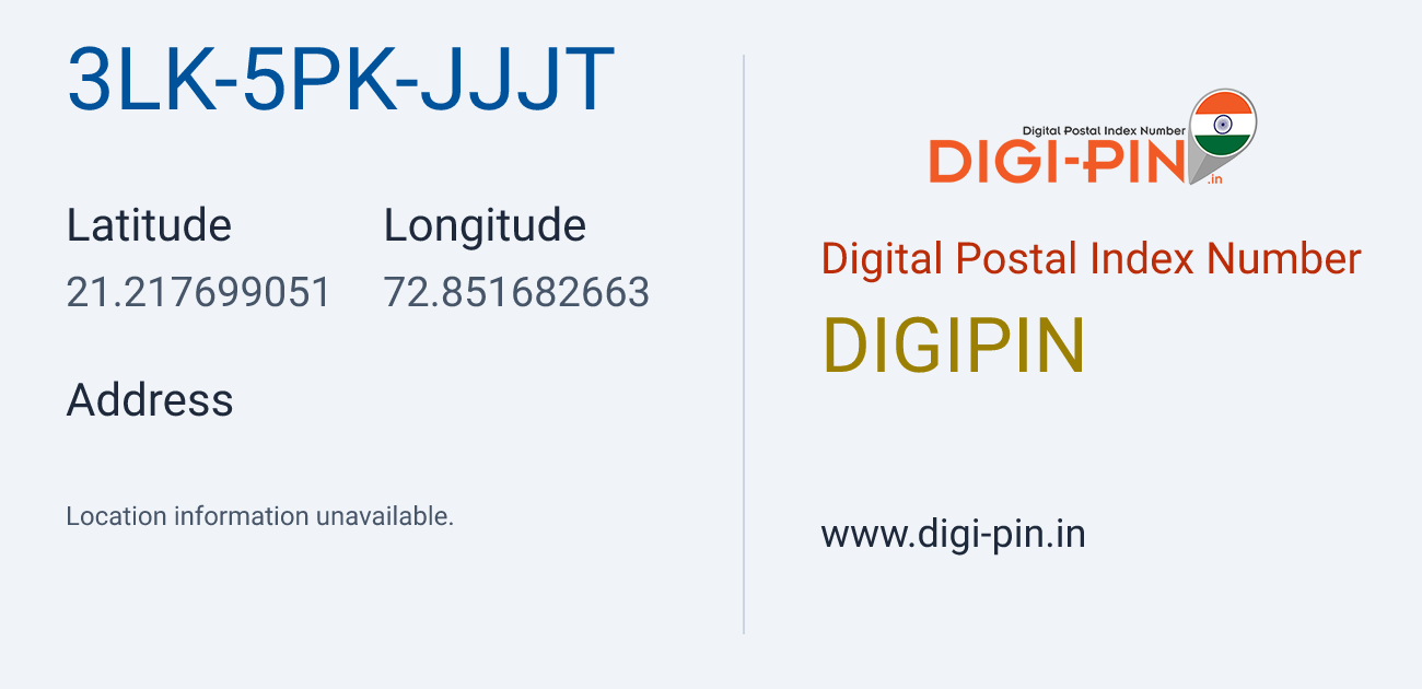 DigiPin 3LK-5PK-JJJT location map showing coordinates 21.217699, 72.851683