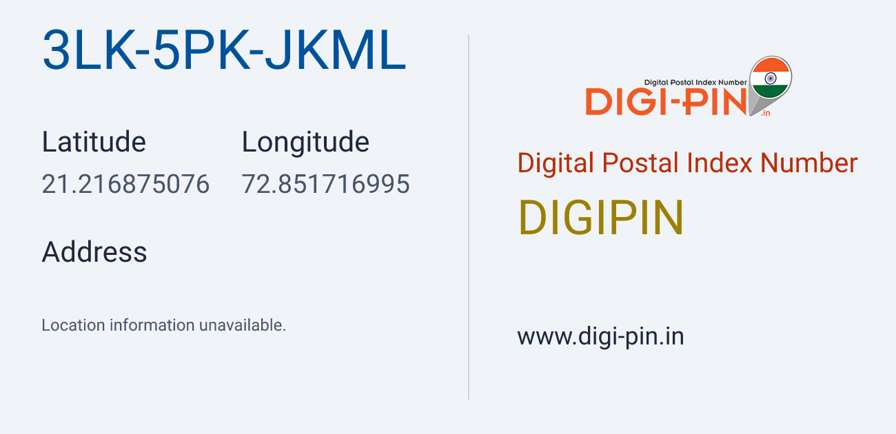 DigiPin 3LK-5PK-JKML location map showing coordinates 21.216875, 72.851717