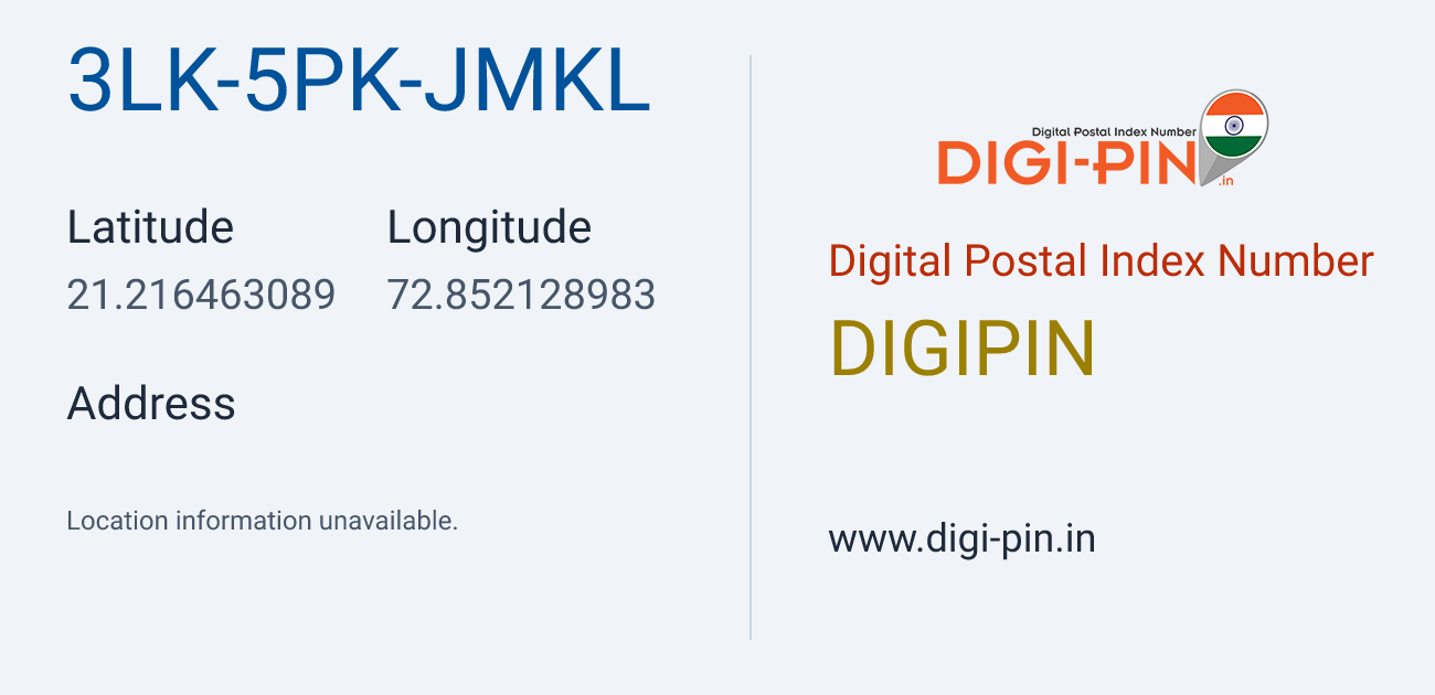 DigiPin 3LK-5PK-JMKL location map showing coordinates 21.216463, 72.852129