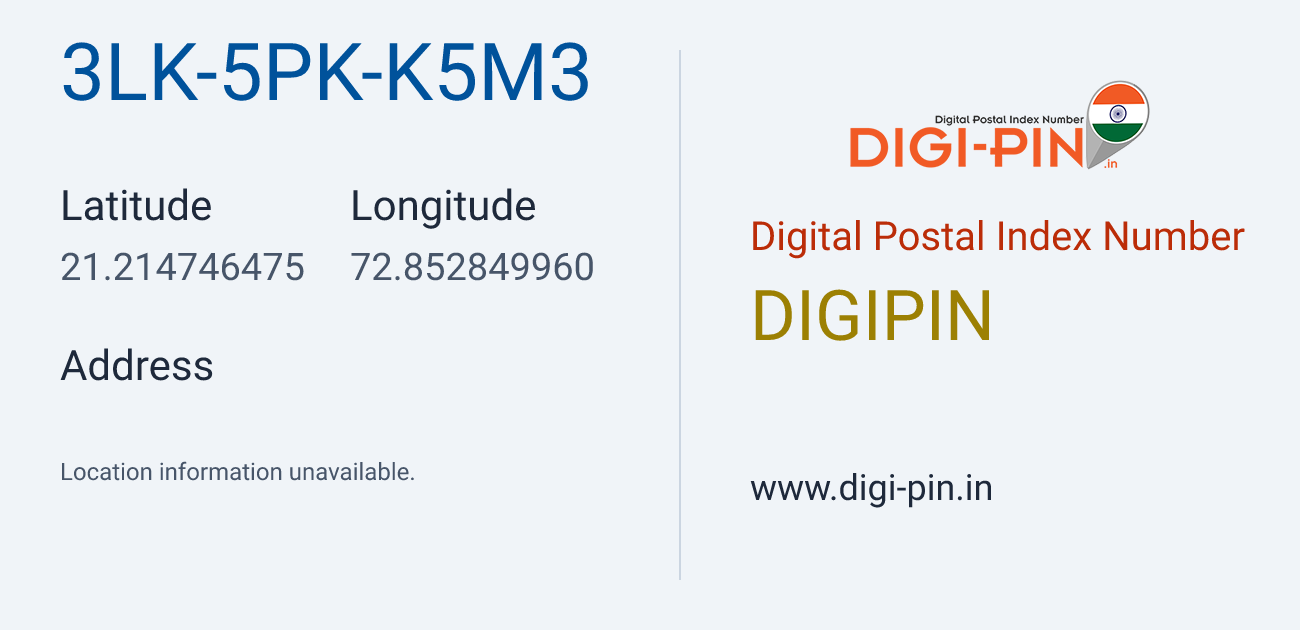 DigiPin 3LK-5PK-K5M3 location map showing coordinates 21.214746, 72.852850