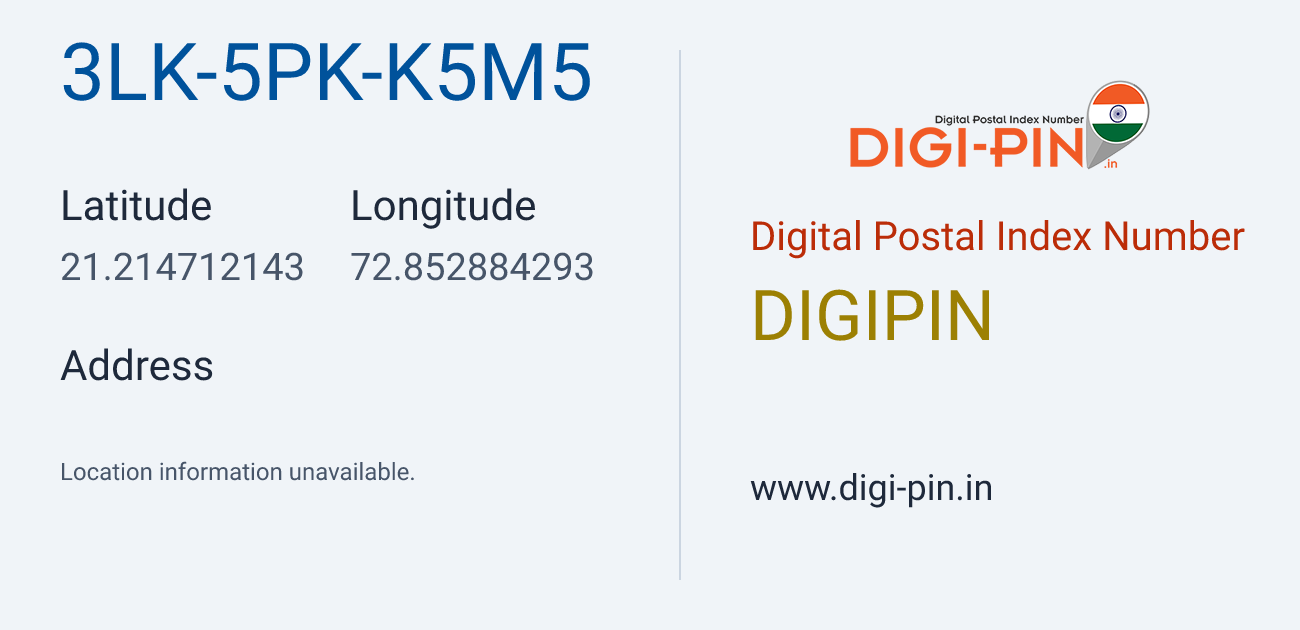 DigiPin 3LK-5PK-K5M5 location map showing coordinates 21.214712, 72.852884