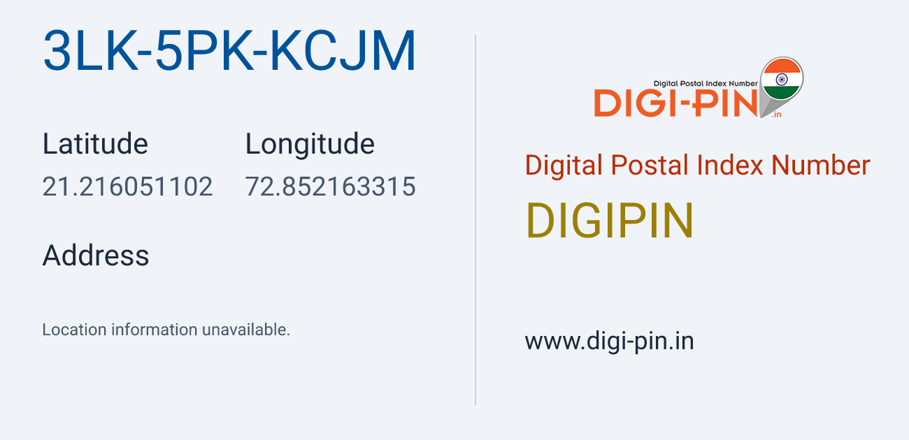 DigiPin 3LK-5PK-KCJM location map showing coordinates 21.216051, 72.852163