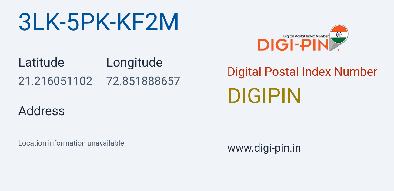 DigiPin 3LK-5PK-KF2M location map showing coordinates 21.216051, 72.851889