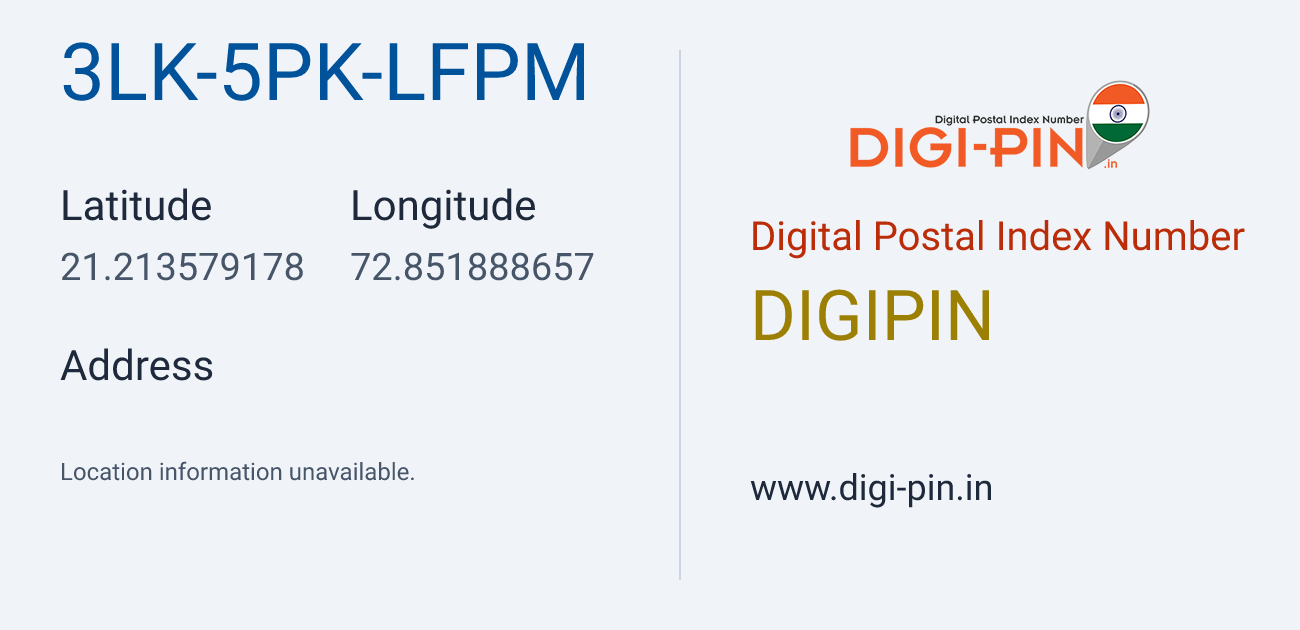 DigiPin 3LK-5PK-LFPM location map showing coordinates 21.213579, 72.851889