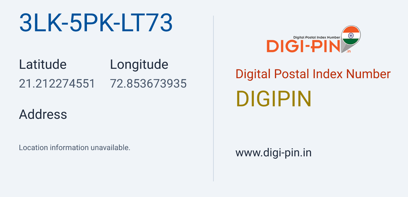DigiPin 3LK-5PK-LT73 location map showing coordinates 21.212275, 72.853674