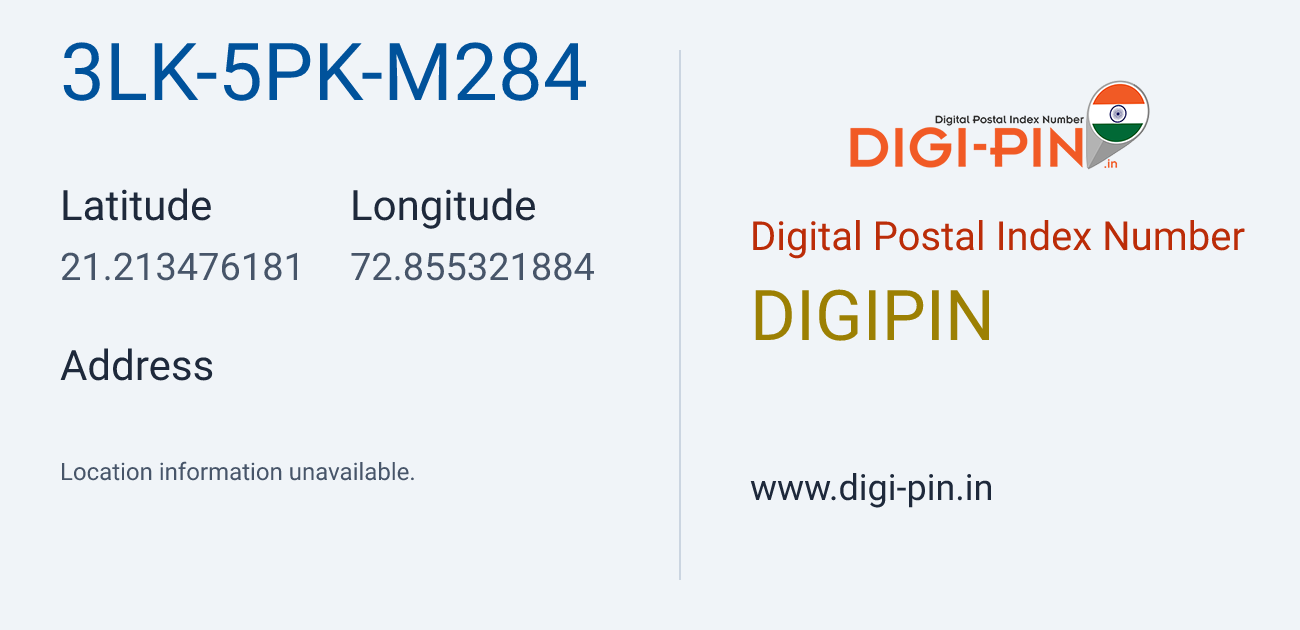 DigiPin 3LK-5PK-M284 location map showing coordinates 21.213476, 72.855322