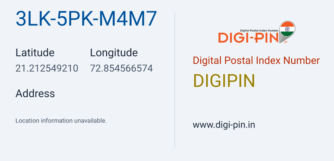 DigiPin 3LK-5PK-M4M7 location map showing coordinates 21.212549, 72.854567