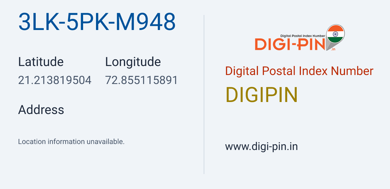 DigiPin 3LK-5PK-M948 location map showing coordinates 21.213820, 72.855116