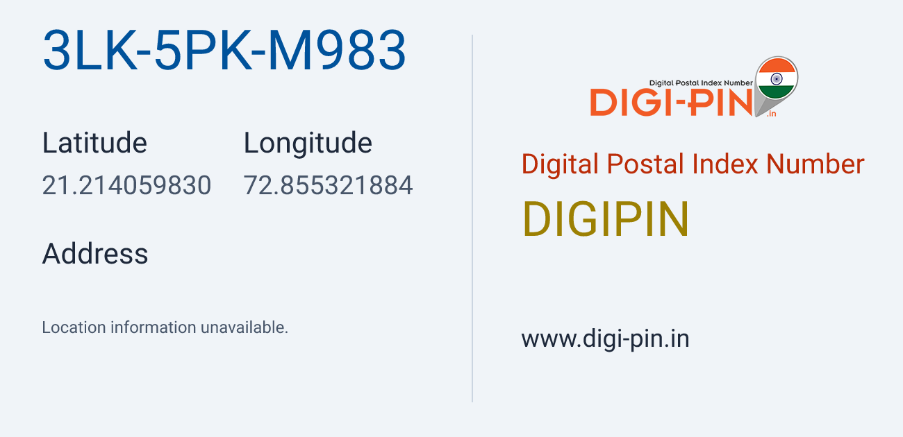 DigiPin 3LK-5PK-M983 location map showing coordinates 21.214060, 72.855322
