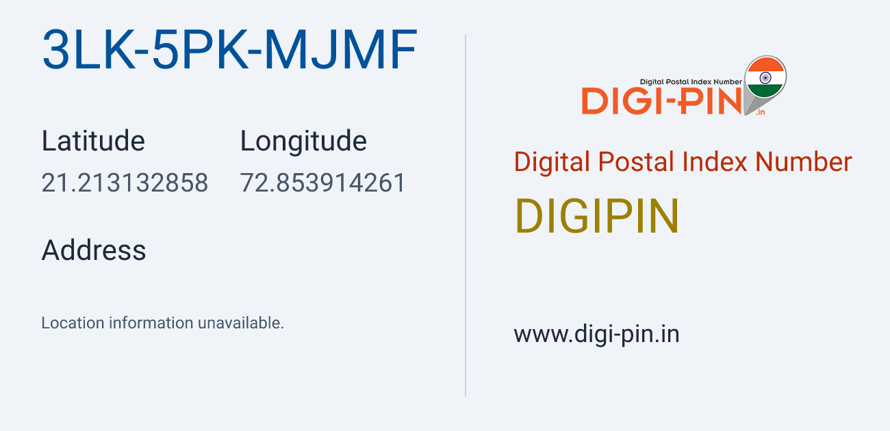 DigiPin 3LK-5PK-MJMF location map showing coordinates 21.213133, 72.853914