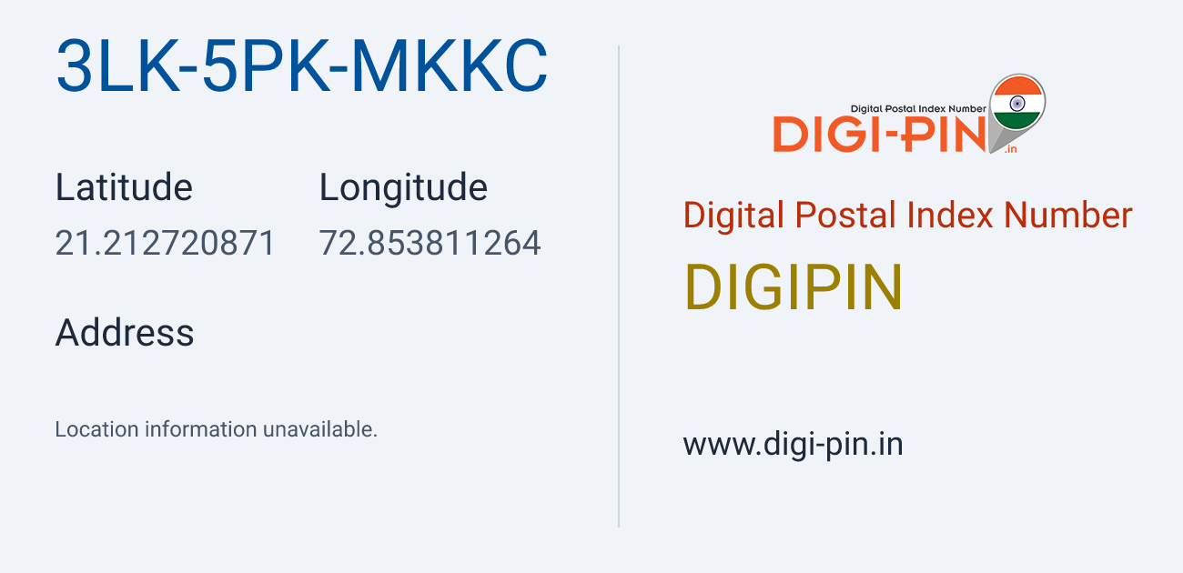 DigiPin 3LK-5PK-MKKC location map showing coordinates 21.212721, 72.853811