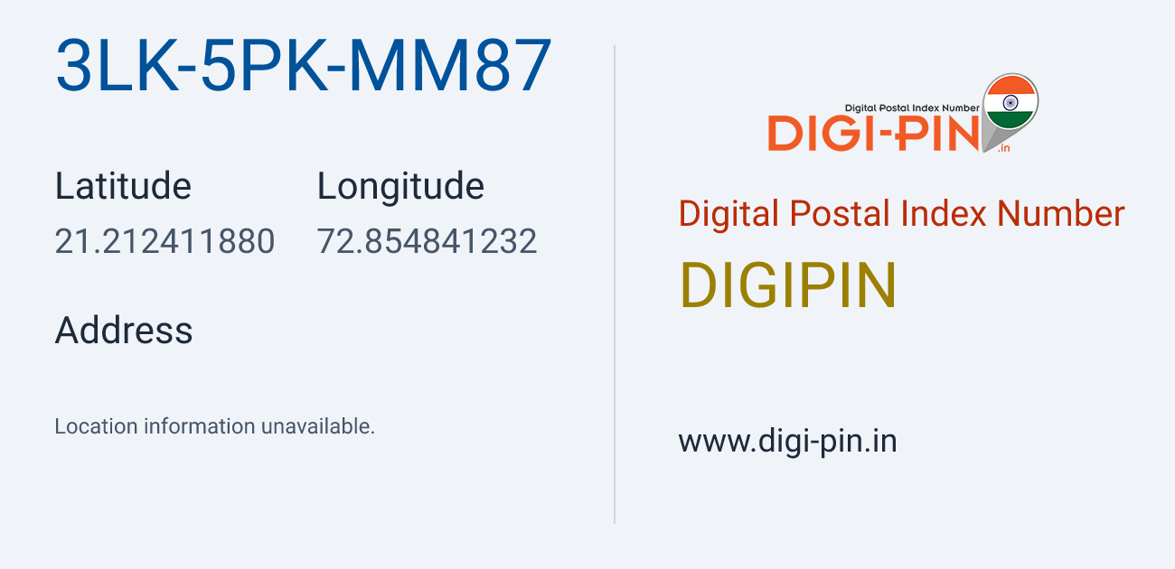 DigiPin 3LK-5PK-MM87 location map showing coordinates 21.212412, 72.854841