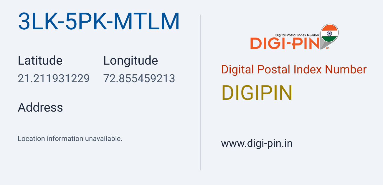 DigiPin 3LK-5PK-MTLM location map showing coordinates 21.211931, 72.855459