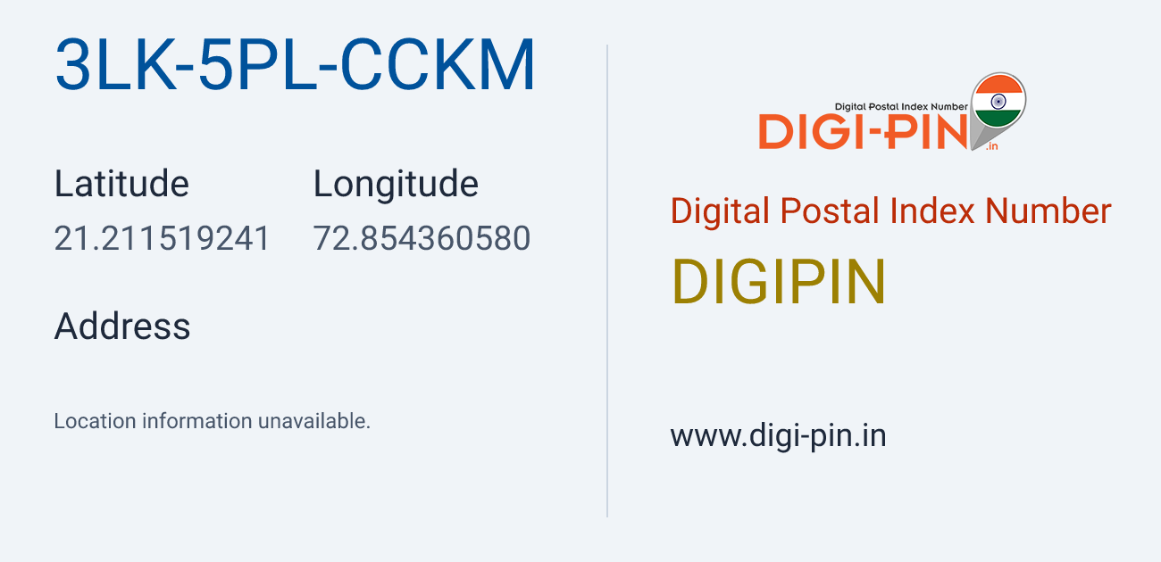 DigiPin 3LK-5PL-CCKM location map showing coordinates 21.211519, 72.854361