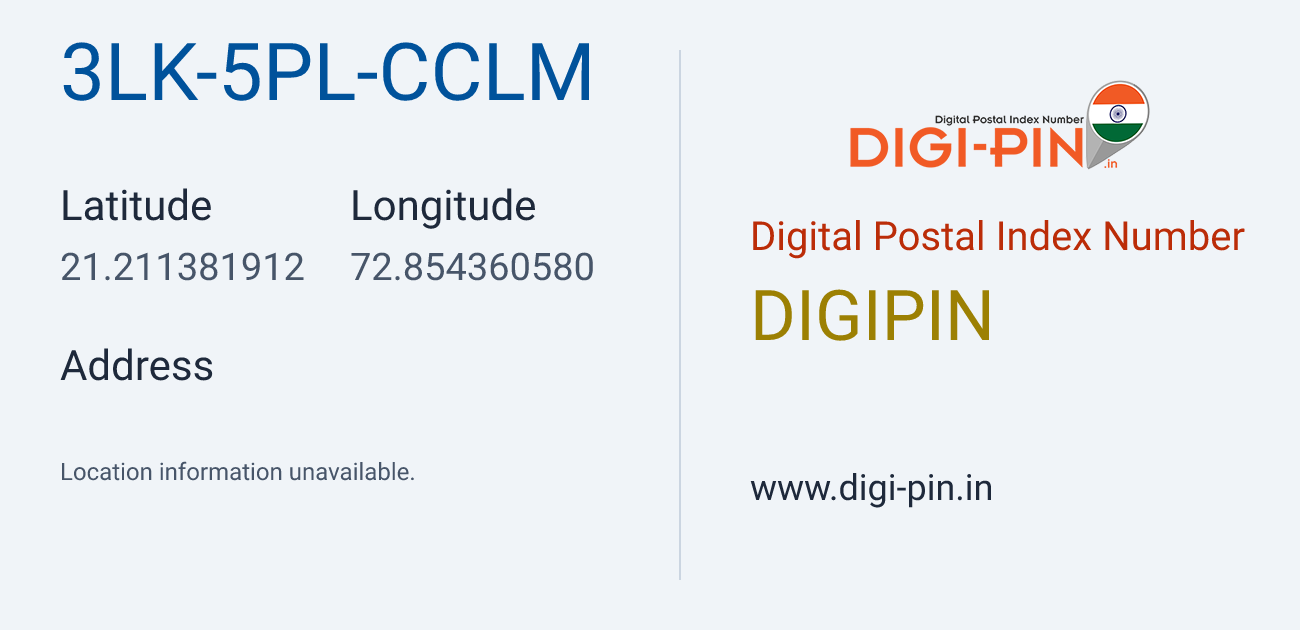 DigiPin 3LK-5PL-CCLM location map showing coordinates 21.211382, 72.854361