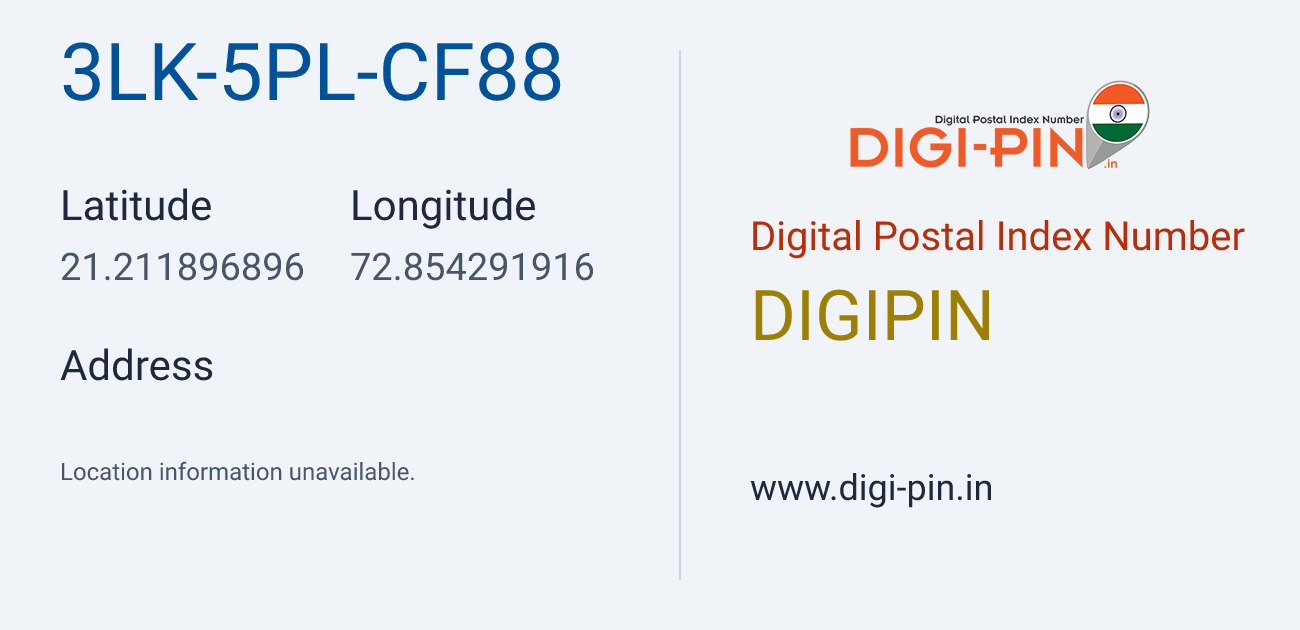 DigiPin 3LK-5PL-CF88 location map showing coordinates 21.211897, 72.854292