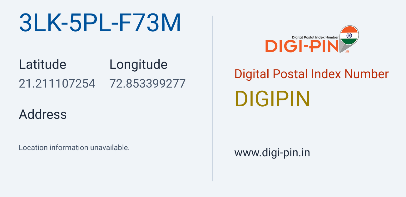 DigiPin 3LK-5PL-F73M location map showing coordinates 21.211107, 72.853399