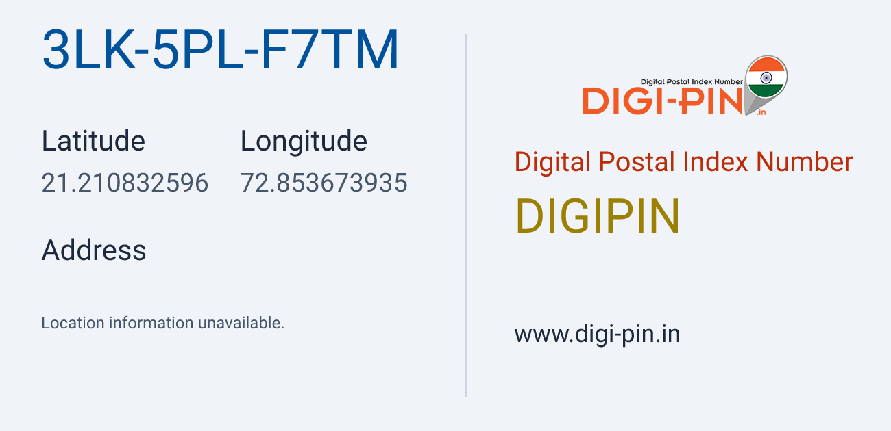 DigiPin 3LK-5PL-F7TM location map showing coordinates 21.210833, 72.853674