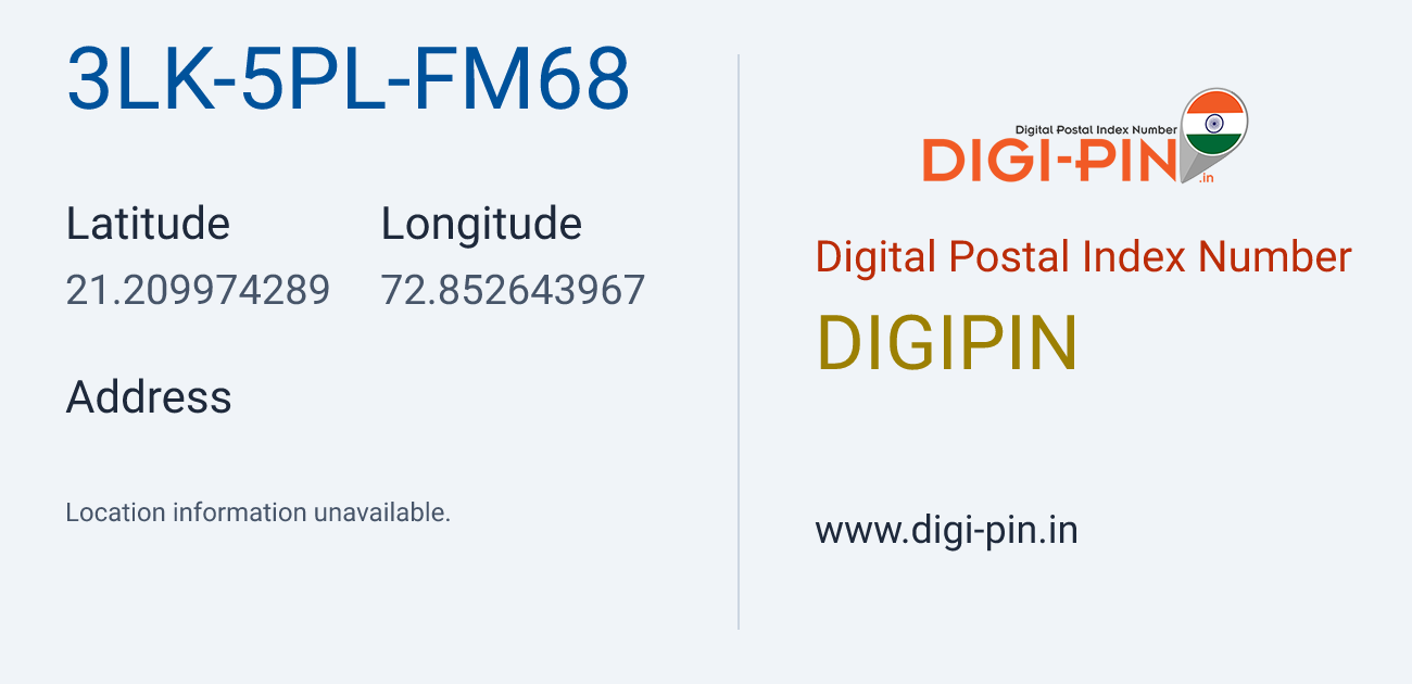 DigiPin 3LK-5PL-FM68 location map showing coordinates 21.209974, 72.852644