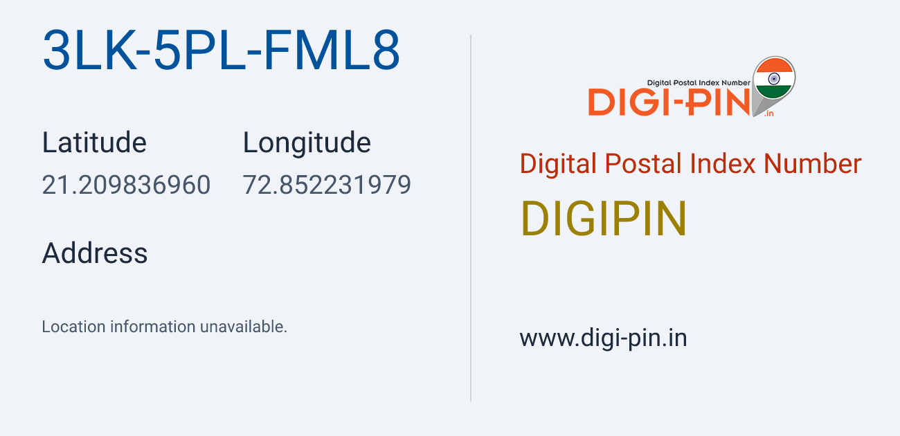 DigiPin 3LK-5PL-FML8 location map showing coordinates 21.209837, 72.852232