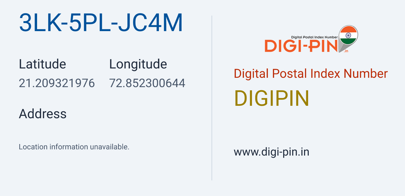 DigiPin 3LK-5PL-JC4M location map showing coordinates 21.209322, 72.852301