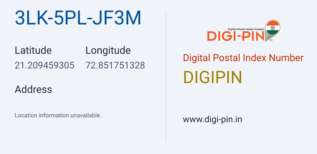 DigiPin 3LK-5PL-JF3M location map showing coordinates 21.209459, 72.851751