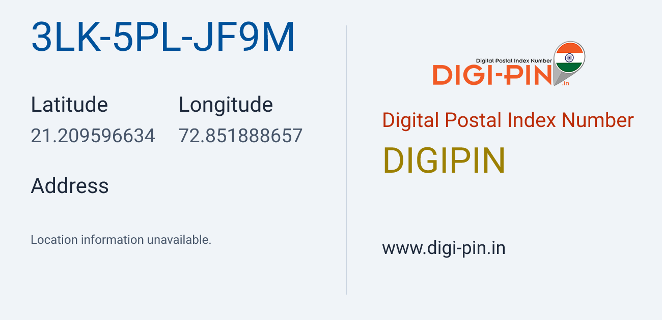 DigiPin 3LK-5PL-JF9M location map showing coordinates 21.209597, 72.851889