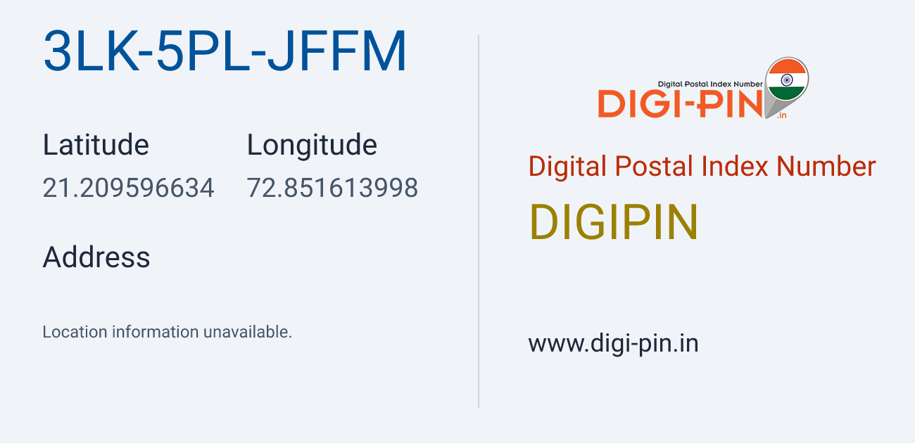 DigiPin 3LK-5PL-JFFM location map showing coordinates 21.209597, 72.851614