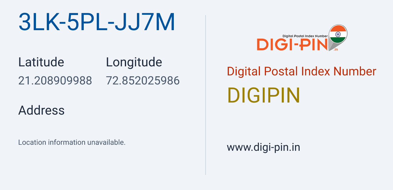 DigiPin 3LK-5PL-JJ7M location map showing coordinates 21.208910, 72.852026