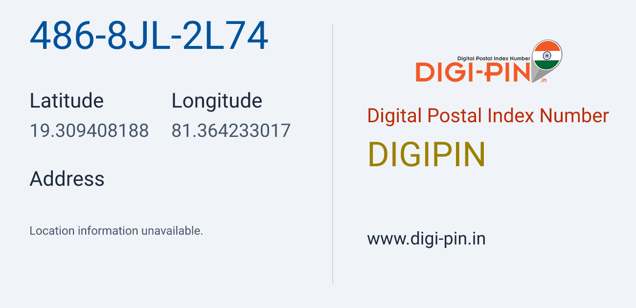 DigiPin 486-8JL-2L74 location map showing coordinates 19.309408, 81.364233
