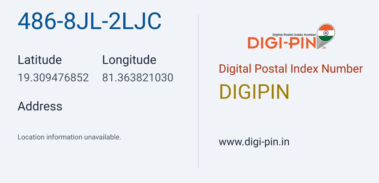 DigiPin 486-8JL-2LJC location map showing coordinates 19.309477, 81.363821
