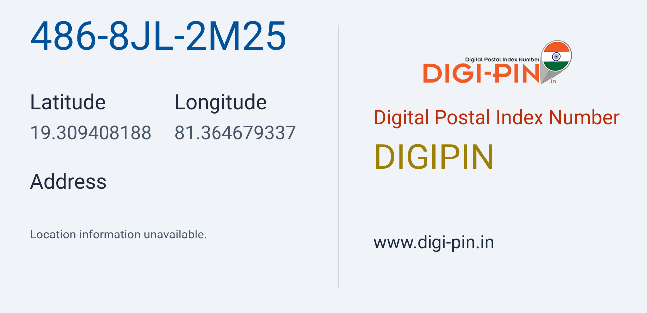 DigiPin 486-8JL-2M25 location map showing coordinates 19.309408, 81.364679