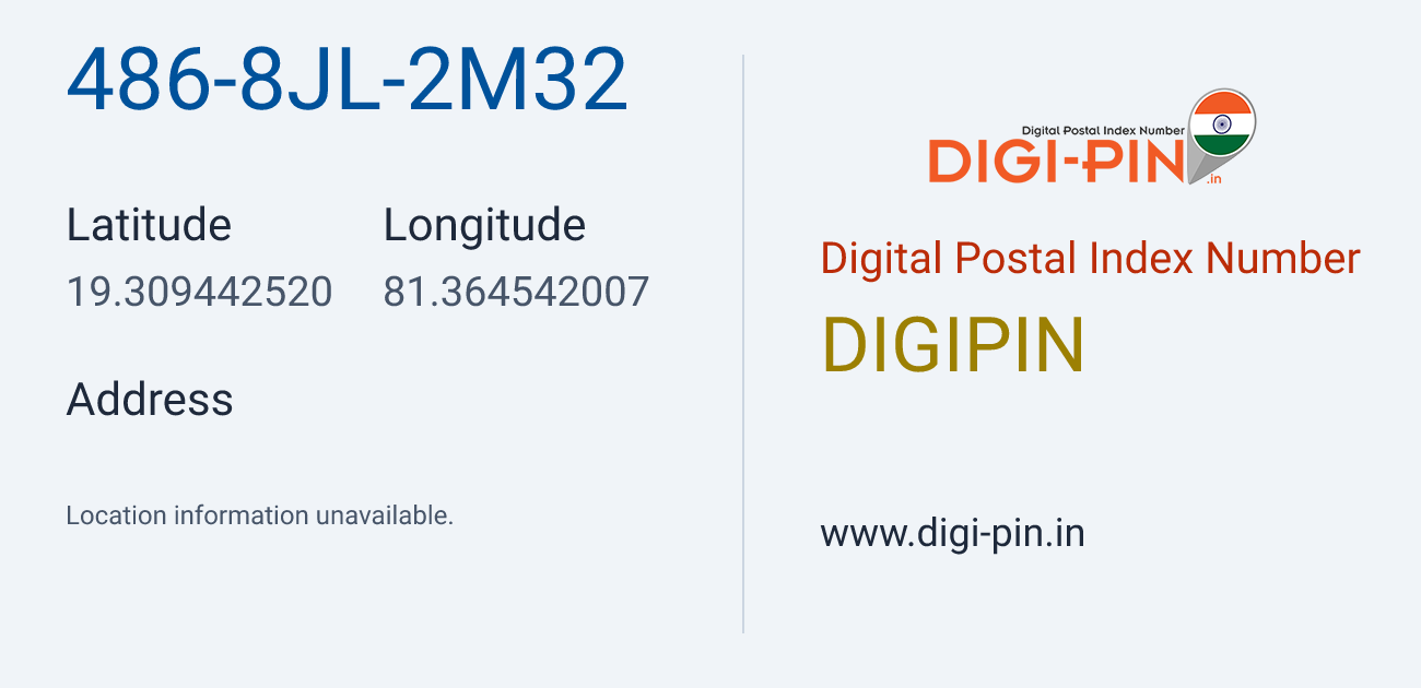 DigiPin 486-8JL-2M32 location map showing coordinates 19.309443, 81.364542