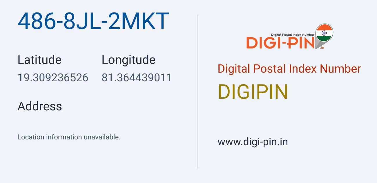 DigiPin 486-8JL-2MKT location map showing coordinates 19.309237, 81.364439