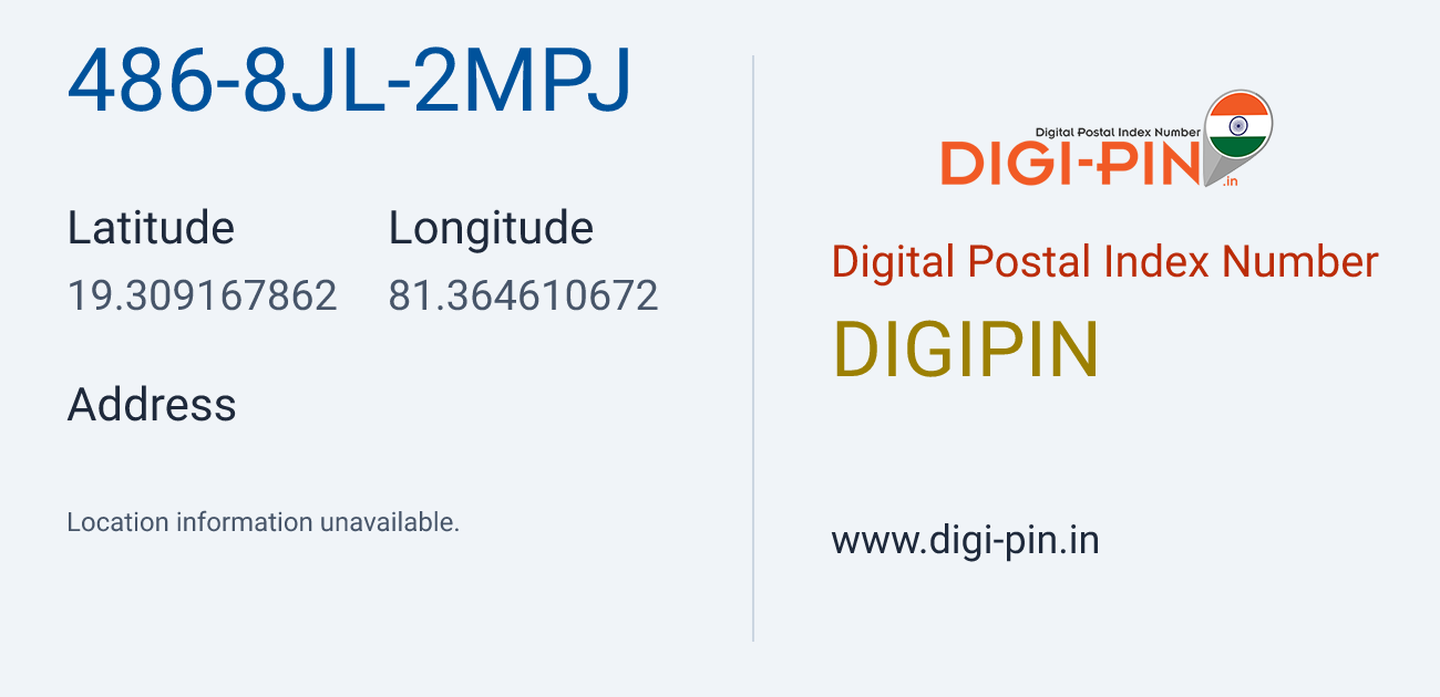 DigiPin 486-8JL-2MPJ location map showing coordinates 19.309168, 81.364611