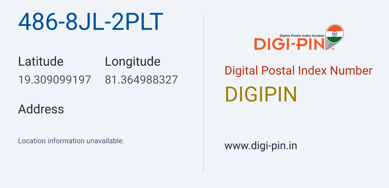DigiPin 486-8JL-2PLT location map showing coordinates 19.309099, 81.364988