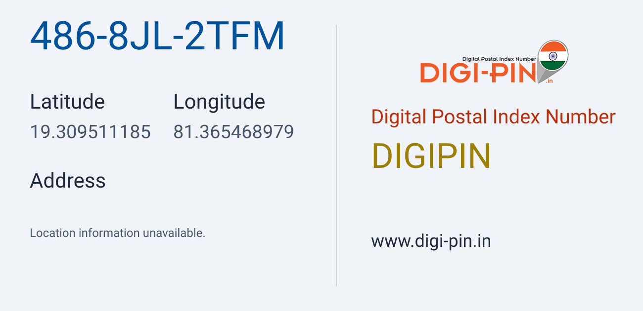 DigiPin 486-8JL-2TFM location map showing coordinates 19.309511, 81.365469